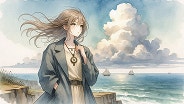 Illustration extrêmement détaillée de style anime d’une jeune femme aux cheveux flottant dans les airs, portant une boussole ancienne autour du cou en guise de collier, debout sur une falaise qui surplombe l’océan ; vent soulevant sa veste oversize, ciel se fondant avec l’horizon, grain du papier texturé visible, formations nuageuses volumétriques, voiliers naviguant à l’horizon, composition cinématographique grand angle, illustration inspirée d’anime, style aquarelle
