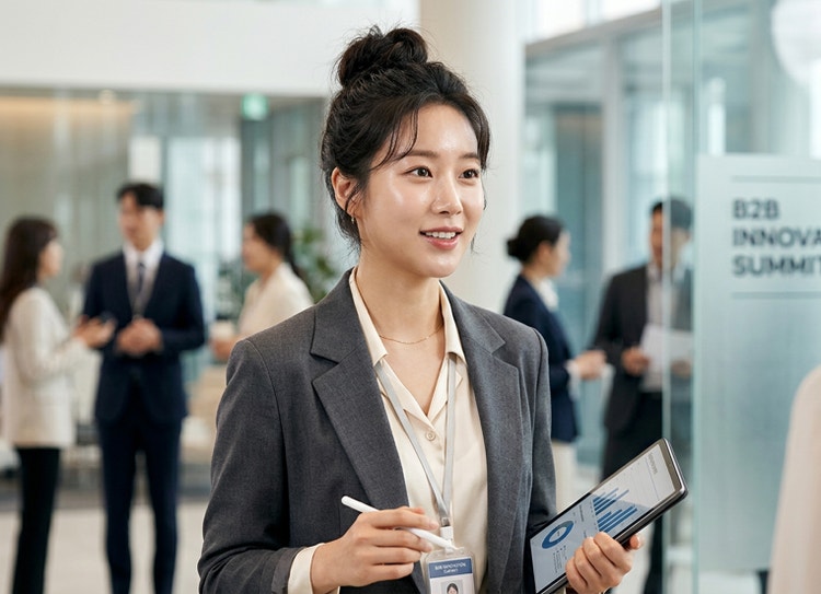 Portrait en gros plan généré par l’IA d’une jeune femme avec un chignon approximatif, portant une veste, en train de discuter dans un bureau