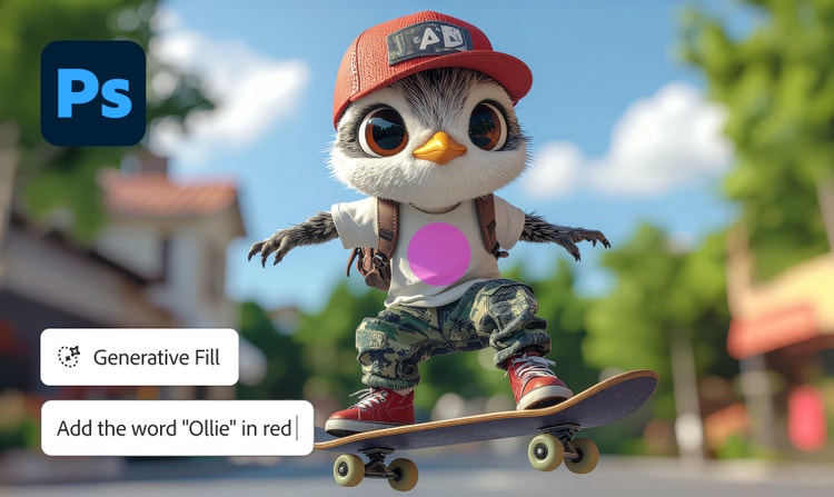 Image générée par l’IA d’une chouette faisant du skateboard, avec incrustation du bouton Remplissage génératif de Photoshop et du prompt «&nbsp;Ajoute le mot ’Ollie’ en rouge&nbsp;»