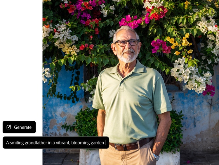 Photo d’un homme âgé debout au milieu d’un jardin coloré et fleuri, avec le bouton Générer et le prompt «&nbsp;Grand-père souriant dans un jardin coloré et fleuri&nbsp;» en incrustation
