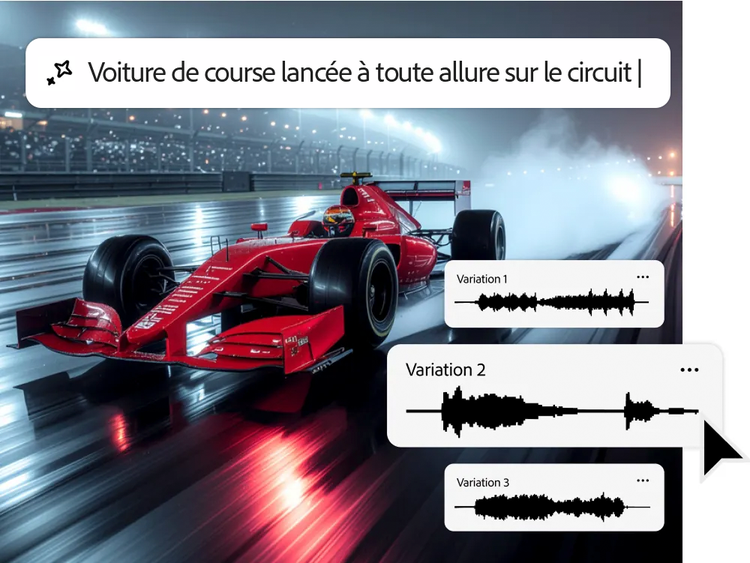 Photo d’une voiture de course rouge avec des superpositions de formes d’onde audio suggérant l’utilisation d’un générateur d’effets sonores pour synchroniser le son du moteur