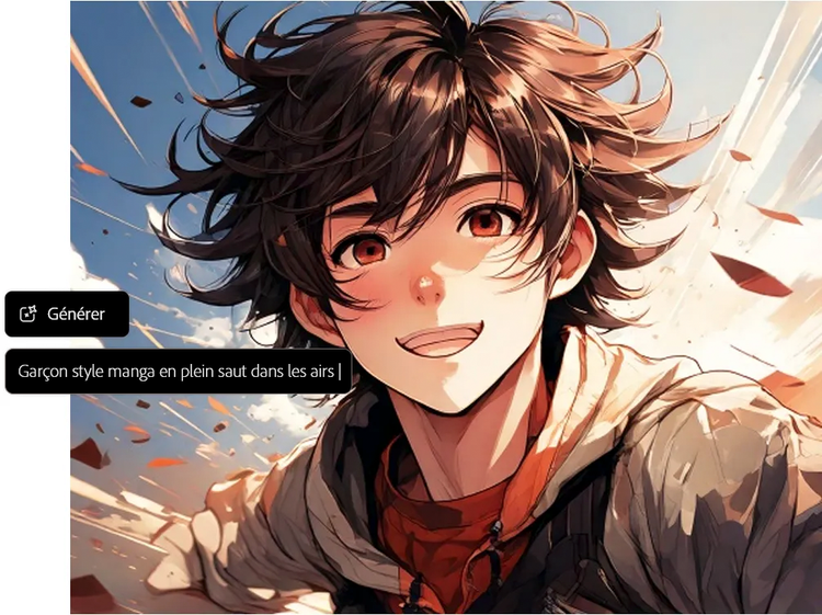 Personnage d’anime IA créé avec le générateur IA d’Adobe Firefly et prompt associé dans l’interface