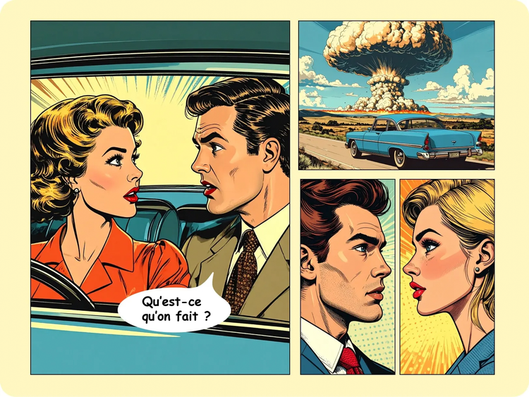 Cases de BD rétro représentant un homme et une femme, et créées avec le générateur de BD par IA et Firefly Boards