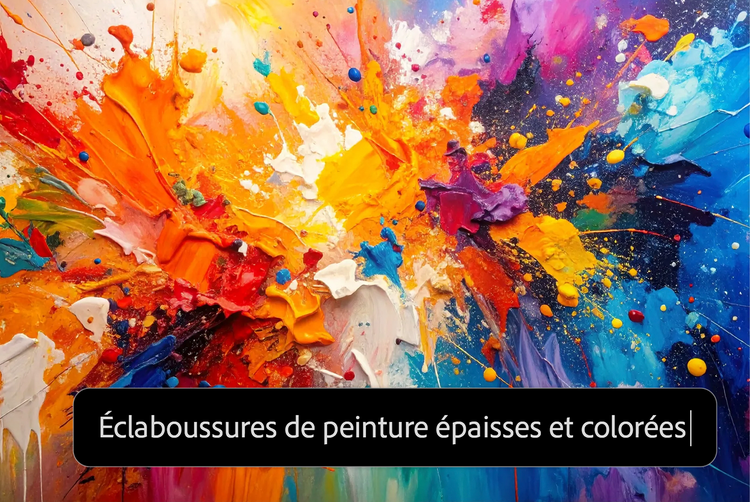 Œuvre abstraite générée par l’IA représentant des éclaboussures de peinture aux couleurs contrastées, avec incrustation du prompt utilisé