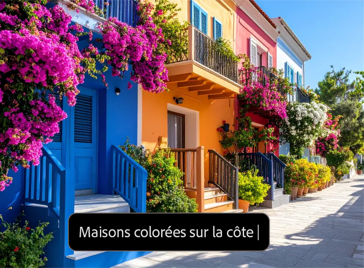 Image photoréaliste d’une rangée de maisons colorées générée par l’IA, avec incrustation du prompt utilisé