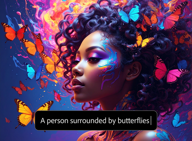 https://firefly.adobe.com/community | Image d’une personne entourée de papillons multicolores générée par l’IA, avec incrustation du prompt utilisé