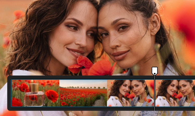 Fenêtre de montage de l’éditeur de vidéos de Firefly contenant des plans de deux femmes dans un champ de coquelicots rouge vif