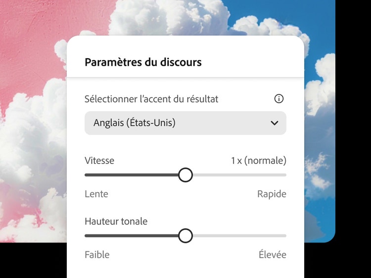 Menu des paramètres vocaux avec des options pour sélectionner l’accent (États-Unis), ajuster la vitesse de parole (réglée sur 1x) et la hauteur (réglée sur moyenne), ainsi qu’un ciel rose et bleu et des nuages en arrière-plan
