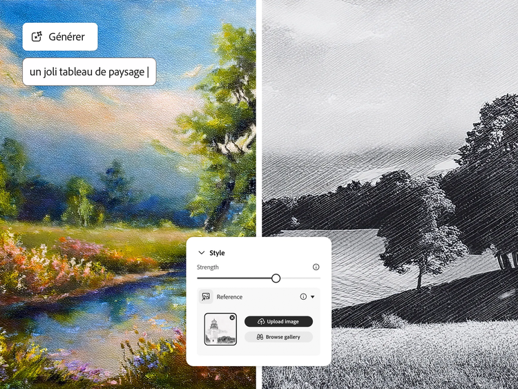 Comparatif avant/après d’un paysage généré par l’IA, avec incrustation du prompt utilisé, de l’image de référence et des paramètres de style de l’outil Correspondance générative