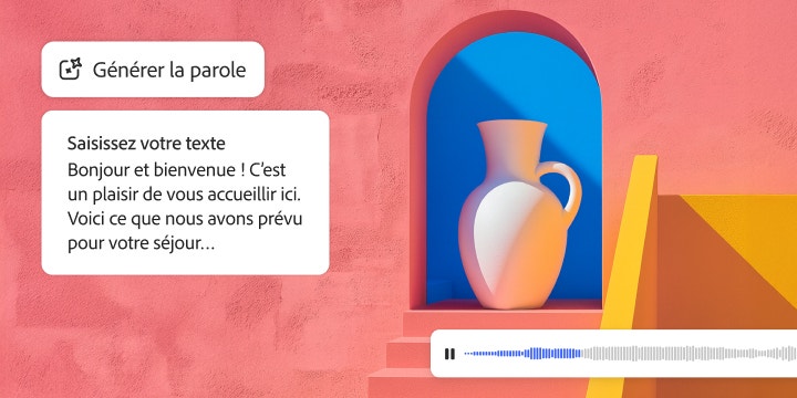 Interface digitale de génération vocale, avec une zone de texte affichant un message de bienvenue, une icône « Générer la parole » et une forme d’onde sous l’illustration d’un vase blanc dans une niche bleue en forme d’arche