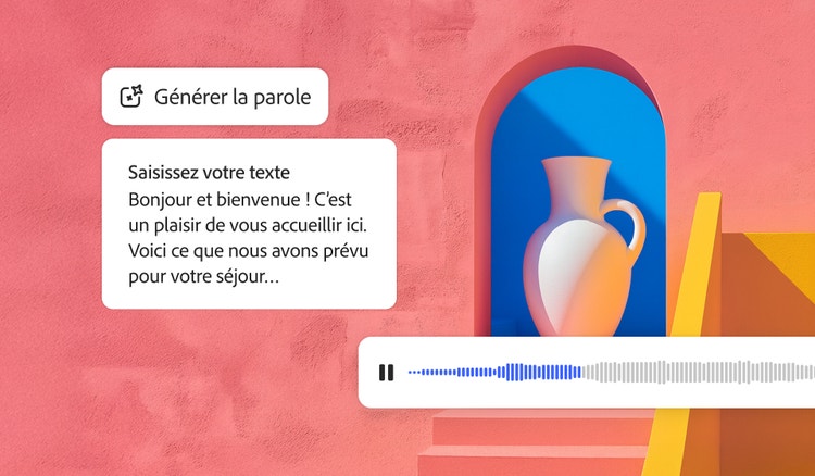 Interface digitale de génération vocale, avec une zone de texte affichant un message de bienvenue, une icône « Générer la parole » et une forme d’onde sous l’illustration d’un vase blanc dans une niche bleue en forme d’arche