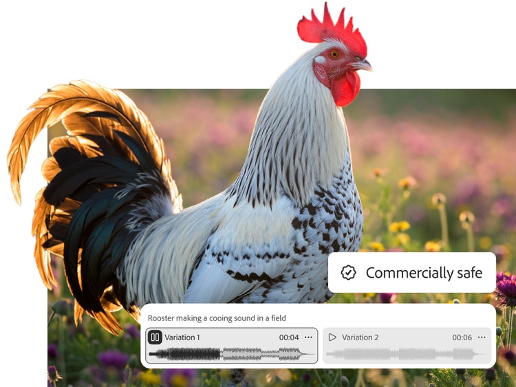 Coq avec deux&nbsp;formes d’onde audio, représentant deux&nbsp;variations d’effet sonore pour le prompt «&nbsp;Coq roucoulant dans un champ&nbsp;», et le badge «&nbsp;Adapté à un usage commercial&nbsp;» en incrustation