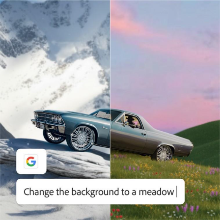 Image d’une voiture dont l’arrière-plan est scindé en deux, entre une montagne enneigée et une prairie verdoyante, avec incrustation du prompt « Remplacer l’arrière-plan par une prairie »