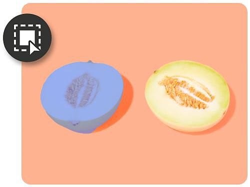 Moitié gauche d’un melon automatiquement sélectionnée à l’aide de l’outil Sélection d’objet, dont l’icône apparaît en incrustation