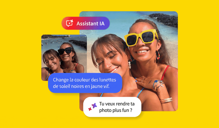 Deux femmes sourient sur un selfie de plage. Les prompts « Remplace la couleur des lunettes de soleil par du jaune vif » et « Envie de donner du pep’s à la photo ? » sont affichés.