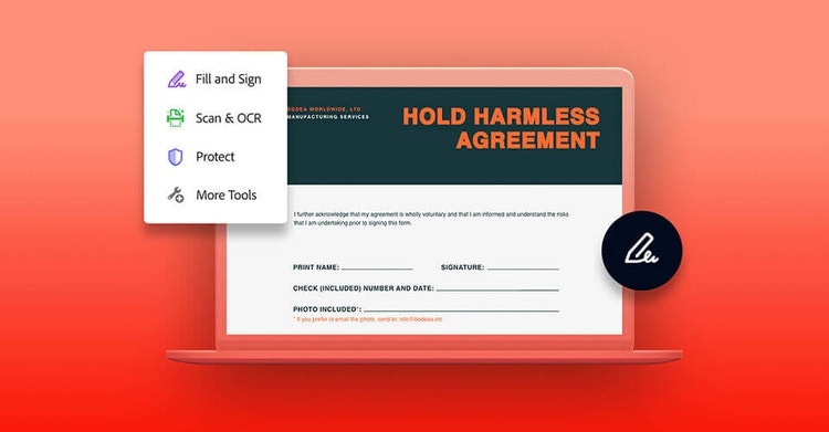 A graphic of signing a construction contract on a laptop using Adobe Sign