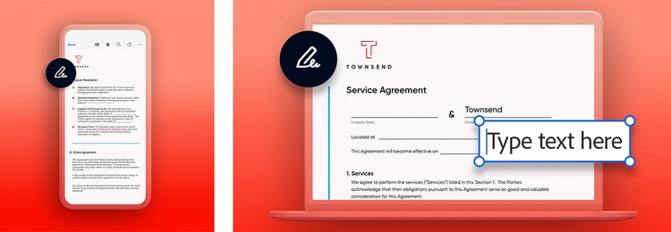 A graphic of a contract for services on a mobile phone next to a graphic of a contract for services on a laptop