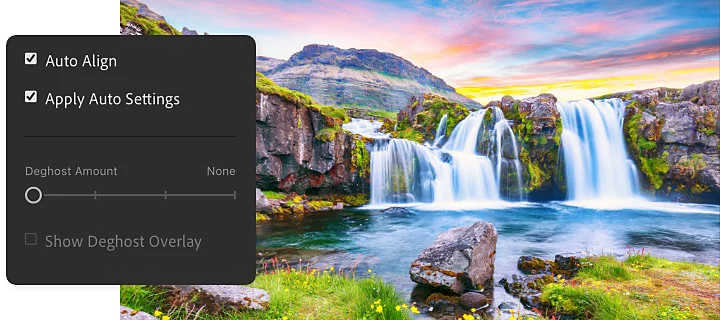 The Adobe {{lightroom}} HDR merge menu superimposed over a photo of several small waterfalls converging into a pond
