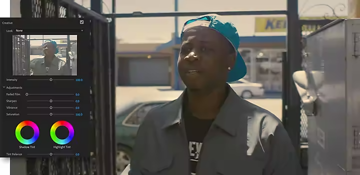 The Adobe {{premiere}} color effect menu superimposed over an image of a person standing in a parking lot