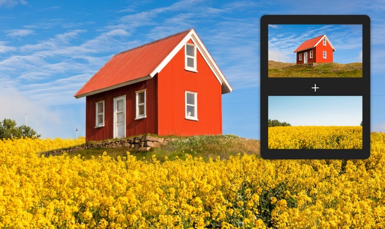 Κόκκινο εξοχικό σπίτι σε πράσινο λόφο, περιτριγυρισμένο από χωράφι με κίτρινα λουλούδια, με εικόνες αναφοράς που δείχνουν το σπίτι και το χωράφι με τα λουλούδια που χρησιμοποιήθηκαν για τη δημιουργία της συνδυασμένης σκηνής.