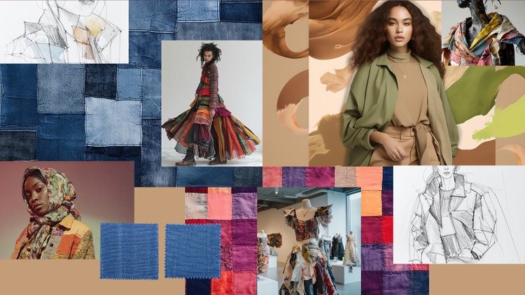 Ένα mood board μόδας που έχει δημιουργηθεί με το Firefly Boards και περιλαμβάνει φωτογραφίες αναφοράς στυλ, δείγματα υφασμάτων και μοντέλα.