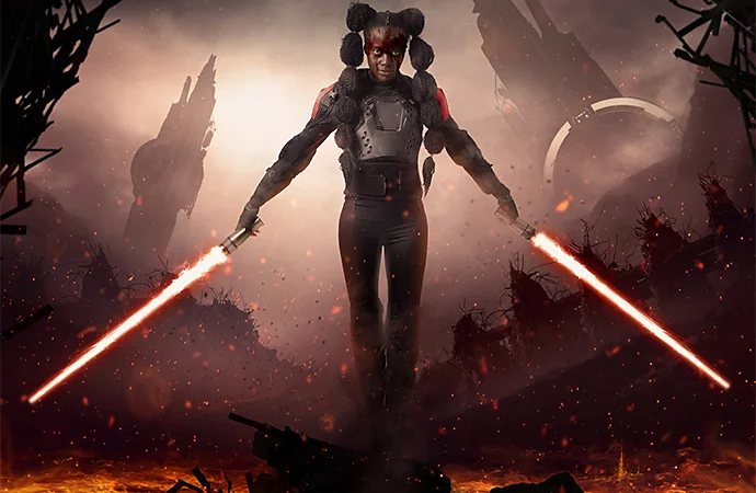 Άτομο που κρατά δύο φωτόσπαθα σε φουτουριστική εμπόλεμη ζώνη