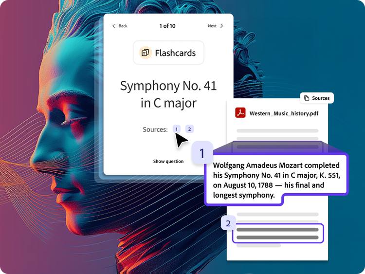 Side profile of person surrounded by sound waves. Flashcards for Western music history with question and answer.