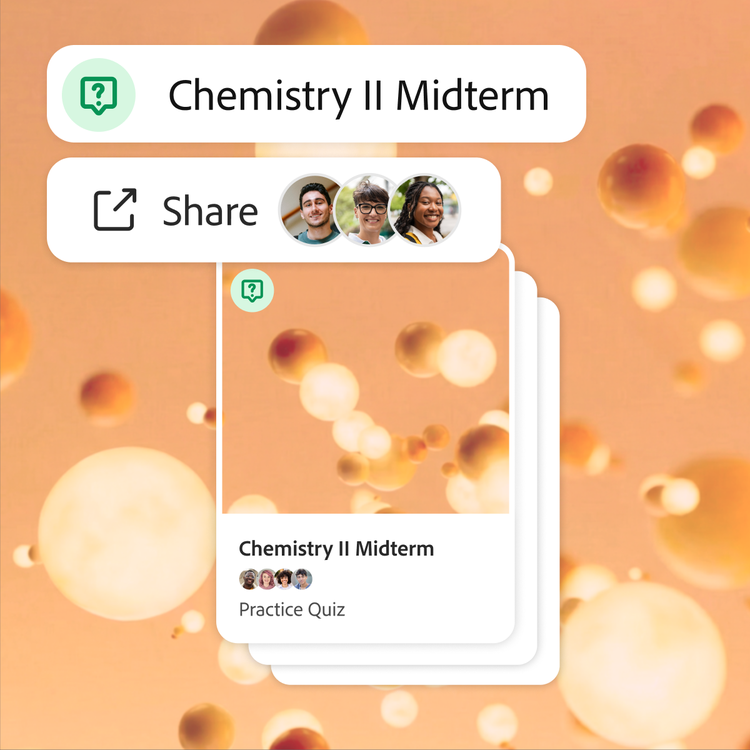 Quiz for a chemistry midterm is shared with three collaborators. Orange 3D molecules float around the frame, both as the backdrop and cover of the deck of flashcards.