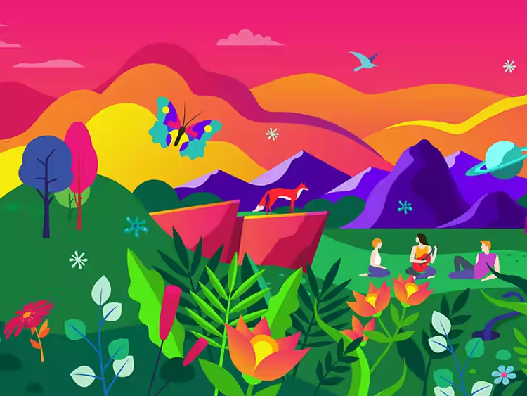 Colourful drawing of a nature scene being enjoyed by people and animals.