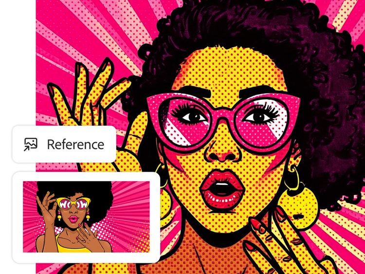 Comic book style image of a woman with brown curly hair and pink glasses and an overlay of the Reference button and a reference illustration of a similar-looking woman.