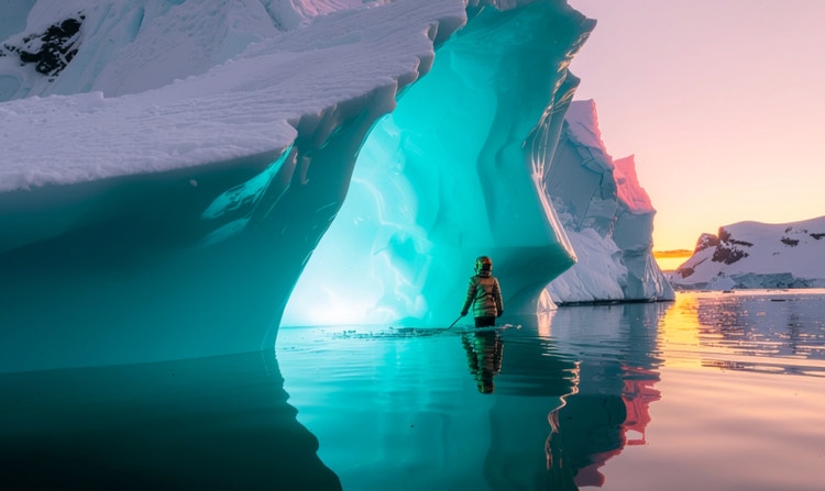 AI-generated turquoise glacier ice cave with a person standing at the entrance and realistic water reflections at sunset.
