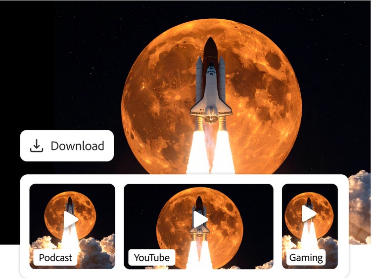 A snapshot of a video about a rocket launch with an orange moon and various video download options.