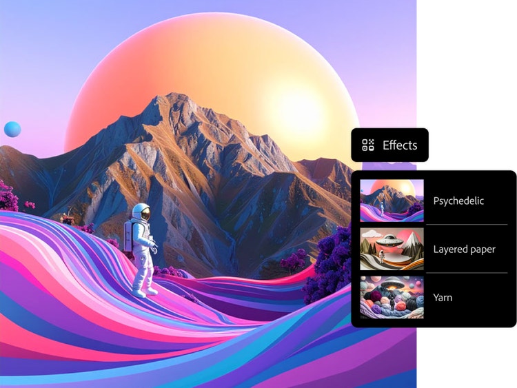 Artwork of astronaut standing on colourful psychedelic waves in surreal landscape with Effects overlay in AI graphic design generator