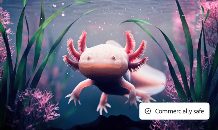 Pink axolotl swimming underwater among aquatic plants with "Commercially safe" content badge, created using the Firefly AI design generator.
