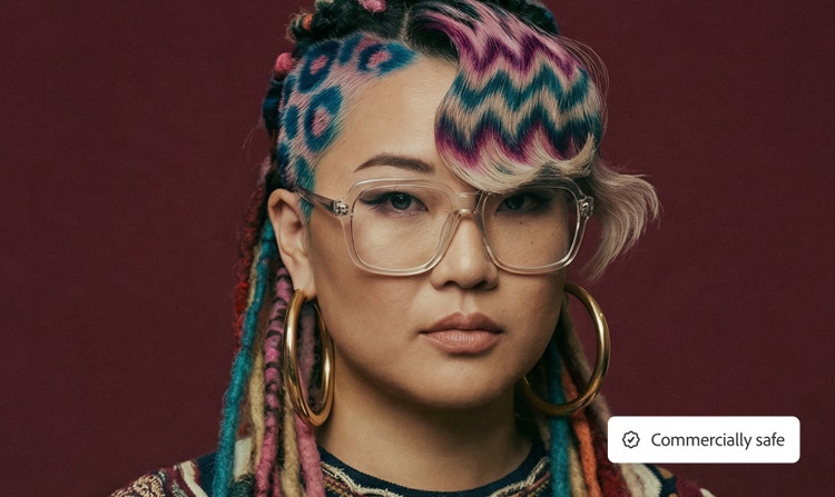 An image of a woman with multi-coloured hair that has been generated with a Firefly model and therefore safe for commericial use.