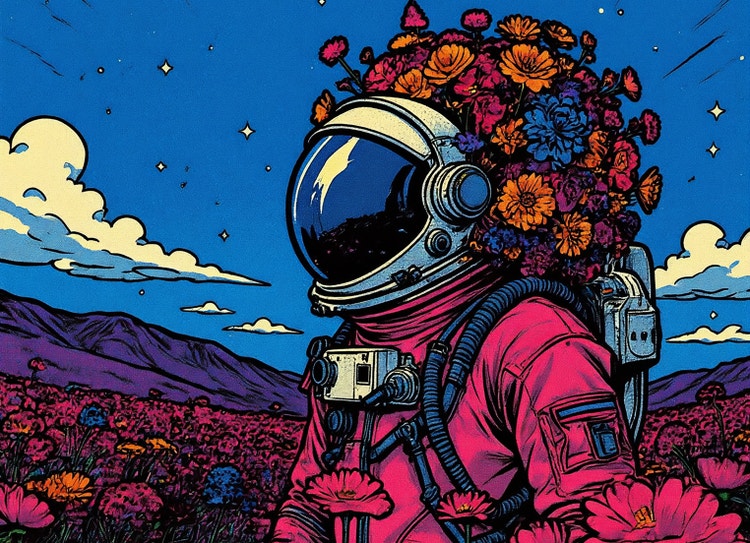 Cartoon of a person in an astronaut helmet covered with a crown of colourful flowers and standing against a bright blue background.