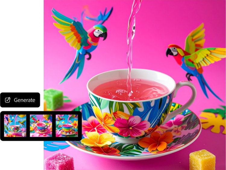 Graphic design artwork and image variations of floral teacup with pink liquid, hot pink background, two parrots in AI graphic design generator