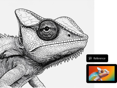 AI generated ink drawing of chameleon in grey pencil created based on colourful reference image in AI drawing generator