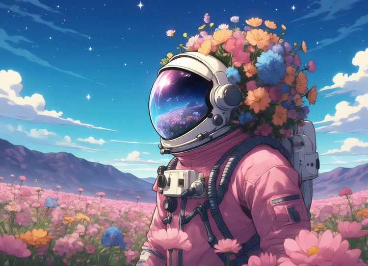 Anime-style image a person in an astronaut helmet covered with a crown of colourful flowers and standing against a bright blue background.