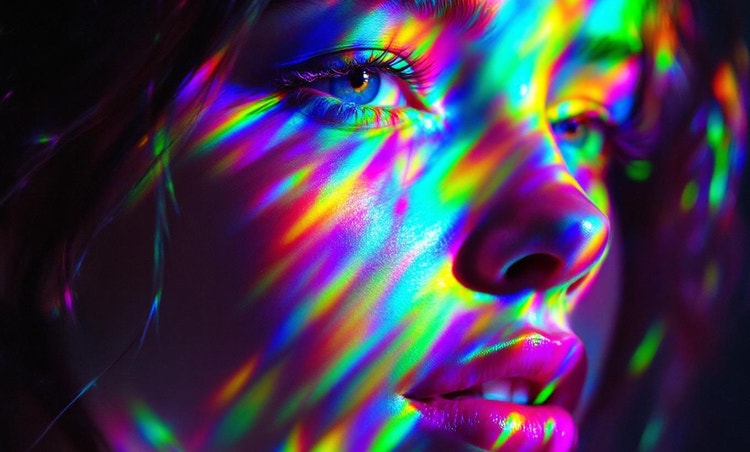 Photorealistic portrait with scattered rainbow light effects and visible text prompt: "Photorealistic portrait of a person under scattered rainbow light."