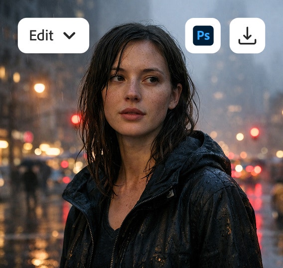 An AI-generated image of a young woman on a rainy city street displayed behind options to edit, open in Photoshop or download.