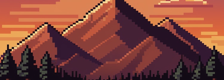 Retro-style pixel art scene of a brown mountain range under an orange sky with a placid lake in the foreground.
