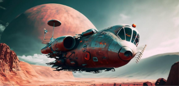 Image generated from AI prompt showing retro-futuristic airship hovering over red desert landscape beneath large pink moon