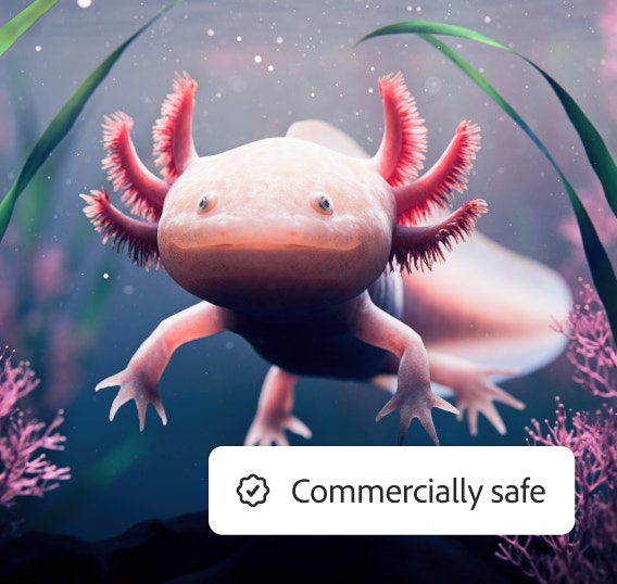 Pink axolotl swimming underwater among aquatic plants with "Commercially safe" content badge, created using the Firefly AI design generator.