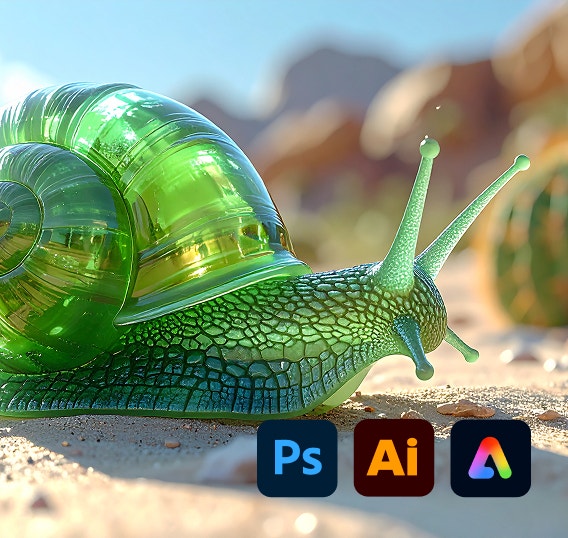 Translucent green glass snail on desert sand with Photoshop, Illustrator and Adobe Express icons in bottom corner.
