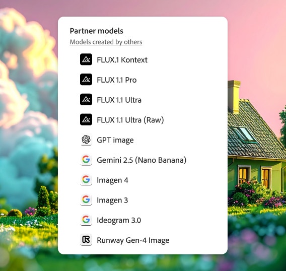 Cosy cottage with glowing windows at twilight next to partner AI models menu listing FLUX, GPT Image, Gemini, Imagen, Ideogram and Runway Gen-3.