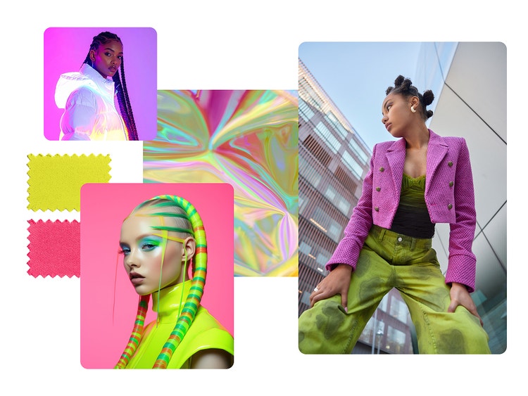 Design elements of an AI fashion trend mood board, including models wearing bright modern clothing and hair styles, vibrant fabric swatches and patterns.
