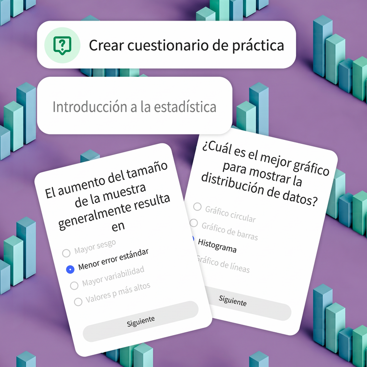 Se le indica a la herramienta que cree un cuestionario de práctica para un curso de introducción a la estadística. Gráficas de barras azules dispersas sobre un fondo morado representan el tema de las preguntas de muestra en la parte superior.