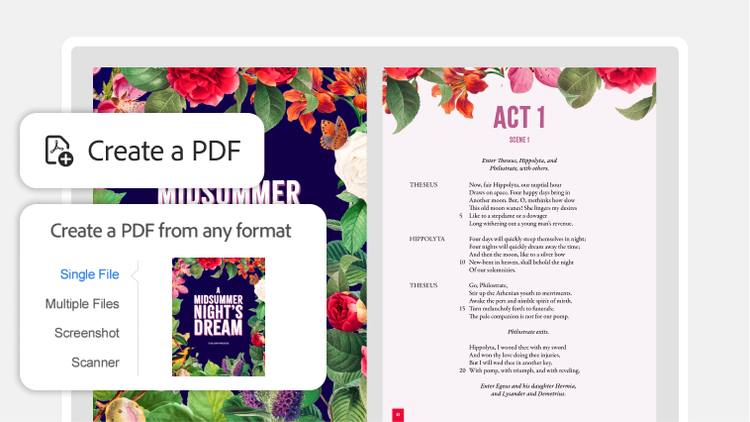 Pantalla con la herramienta Crear un PDF, con opciones para crear a partir de uno o varios archivos en Acrobat, que muestra un PDF de tema florar sobre “El sueño de una noche de verano”.