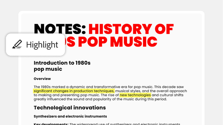 PDF sobre “Notas: historia de la música pop en los años 80” sobre un fondo blanco, con la función Resaltar en Acrobat y una sección sobre las técnicas de producción.